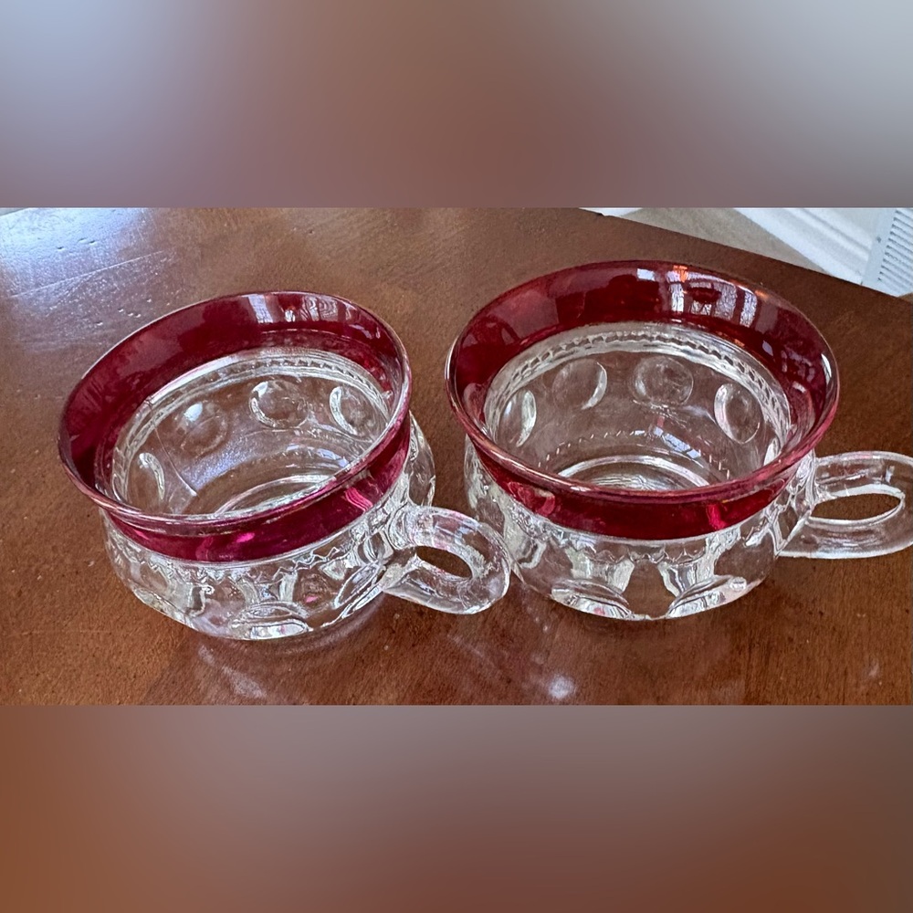 2 KING'S CROWN TIFFIN THUMBPRINT GLASS COFFEE CUPS CRANBERRY RUBY FLASHED
